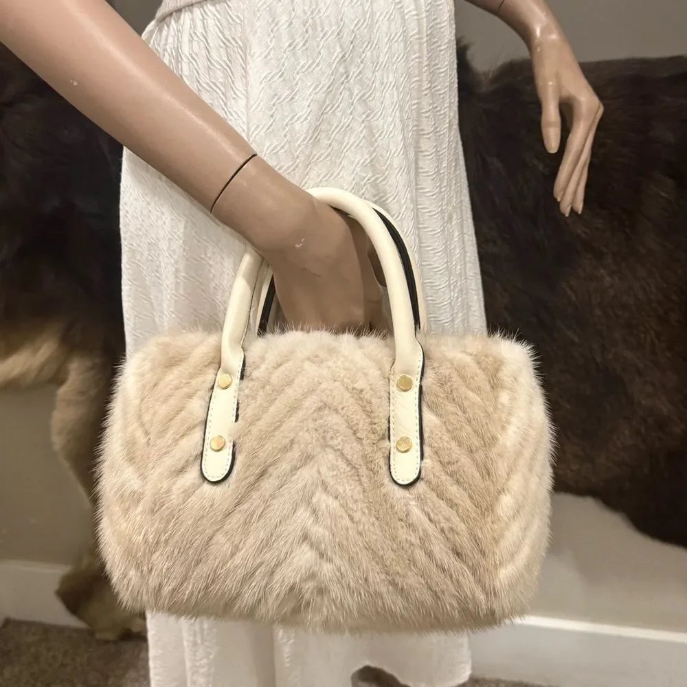 Ivory Real Mink Fur & Leather Handles Handmade Boston Bag & Mink Fur Bag Charm
